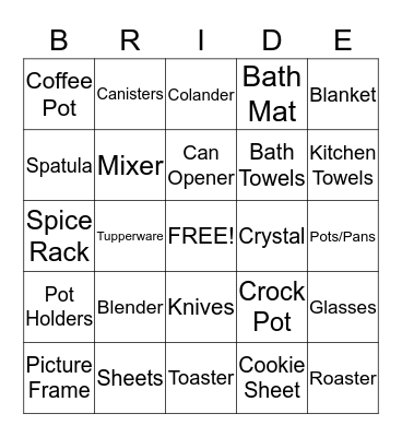 Bridal Bingo Card