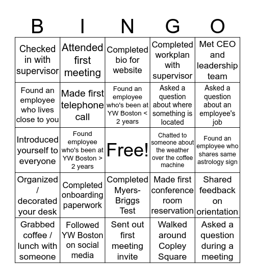 Onboarding Bingo Card