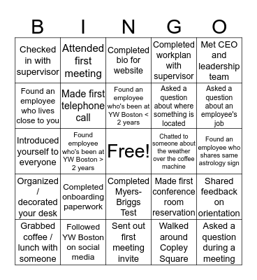 Onboarding Bingo Card