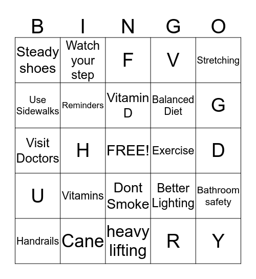 Injury Prevention Bingo Card