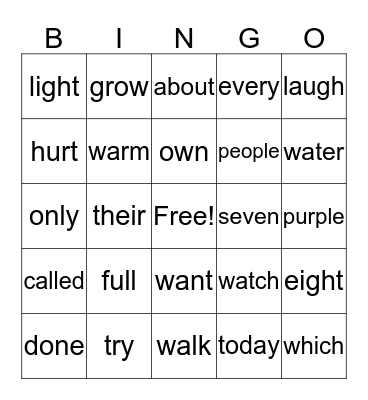 Sight Word Bingo Card