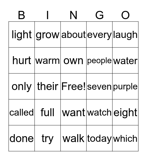 Sight Word Bingo Card