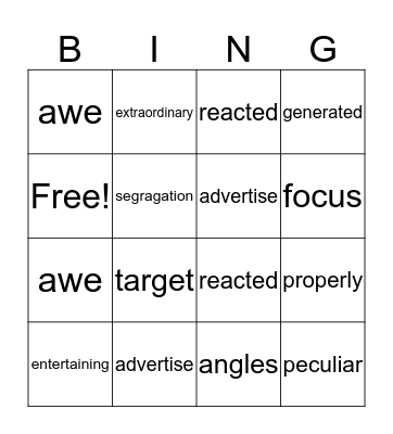 4th Grade Vocabulary Bingo Card