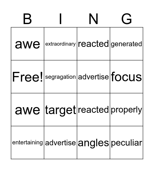 4th Grade Vocabulary Bingo Card