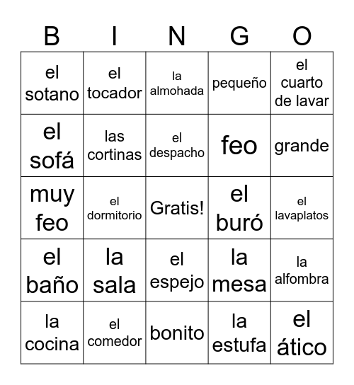 Spa. 2 house vocab Bingo Card