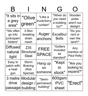 McGregor Sales Bingo Card