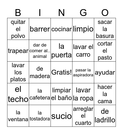 Spa. 2 Back page of Home Vocab.  Bingo Card