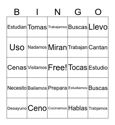 -AR Verbs Bingo Card