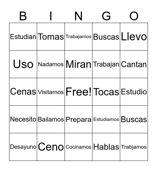 -AR Verbs Bingo Card
