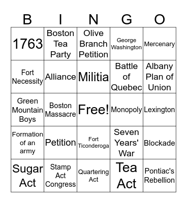 Causes of the American Revolution Bingo Card