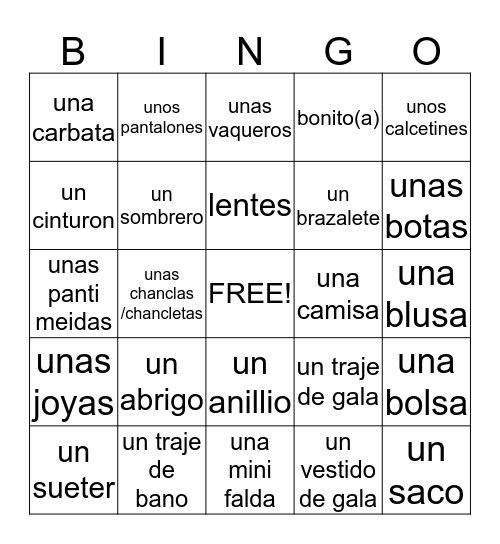 Unidad 6 Bingo Card