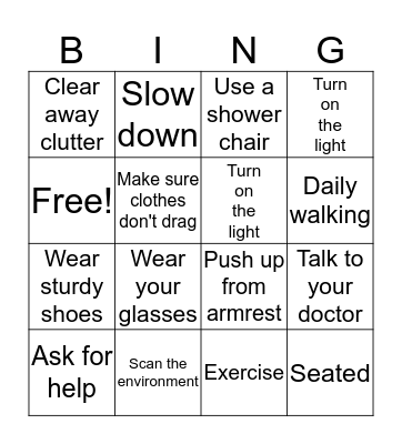 Fall Prevention Bingo Card