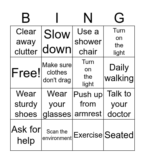 Fall Prevention Bingo Card