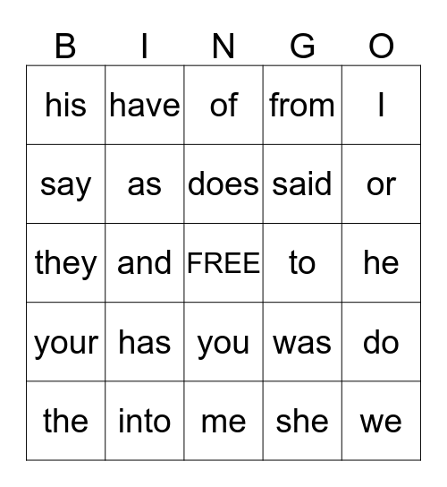 Sight Word Bingo Card