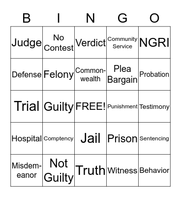 Comptency to Stand Trial Bingo Card