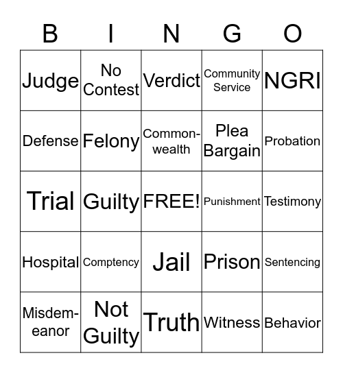 Comptency to Stand Trial Bingo Card