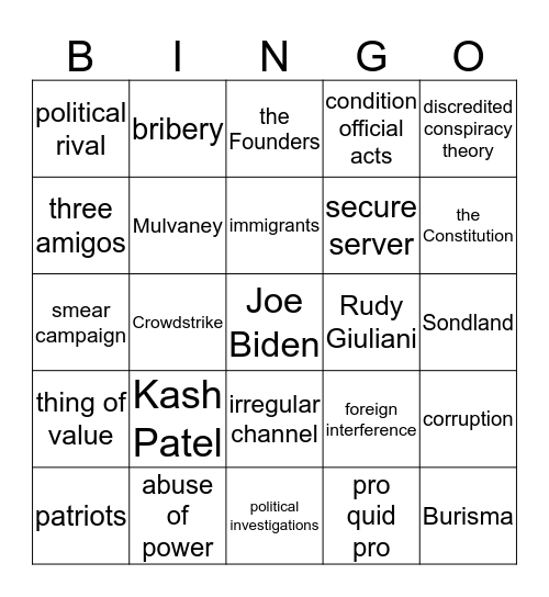 Schiff Bingo Card