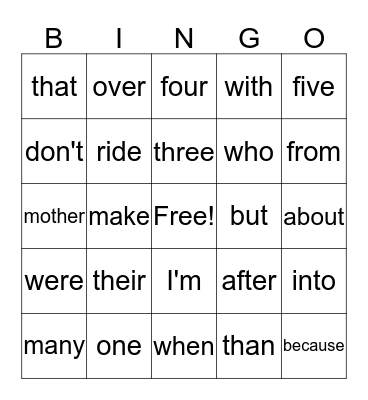 Sight Words Bingo Card
