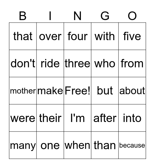 Sight Words Bingo Card