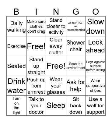 Fall Prevention Bingo Card