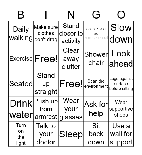 Fall Prevention Bingo Card