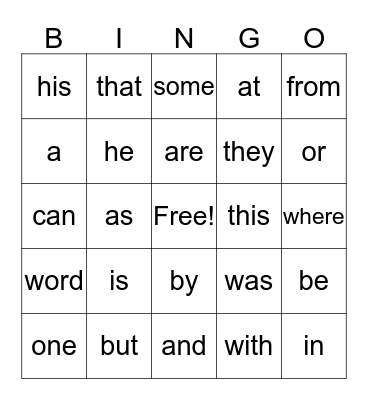Sight Words Bingo Card