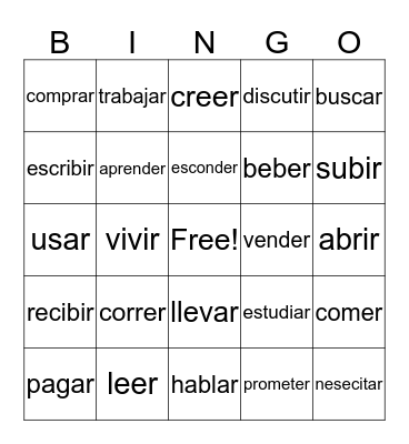 -AR, -ER, and -IR verbs Bingo Card