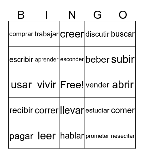 -AR, -ER, and -IR verbs Bingo Card