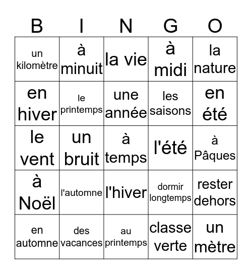 Unité 37: Classe verte!  Bingo Card