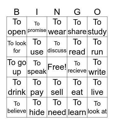 -Ar, -Er, -Ir Verbs Bingo Card