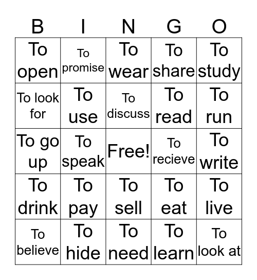-Ar, -Er, -Ir Verbs Bingo Card