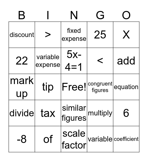 Unit 3, 4, 5 vocabulary Bingo Card