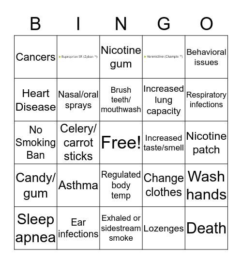 Secondhand Smoke Bingo Card