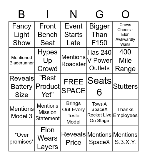Tesla Cybertruck Event Bingo Card