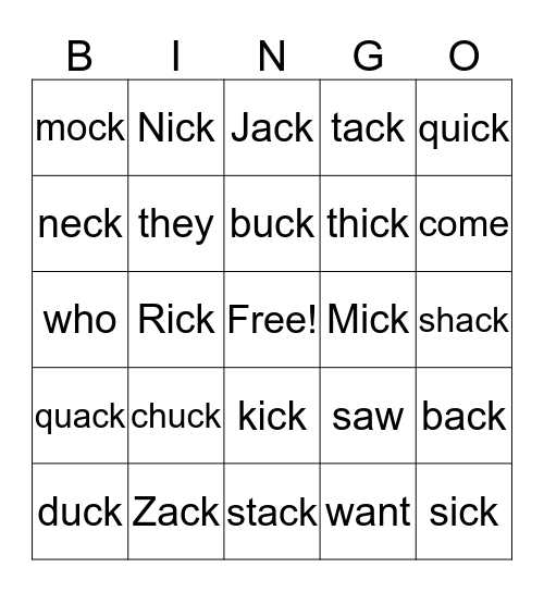 -ck words Bingo Card