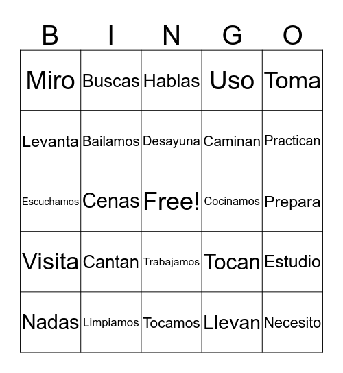 -AR Verbs Bingo Card