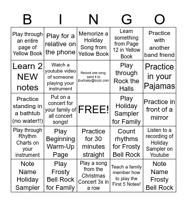 Thanksgiving Break Band Bingo Card