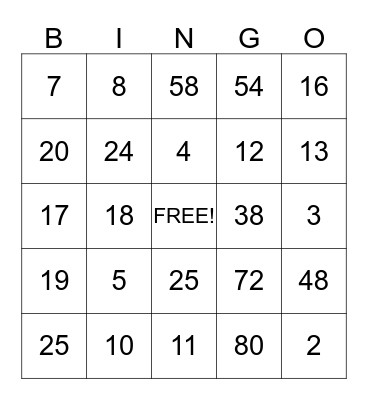 FAMILY NUMBERS Bingo Card