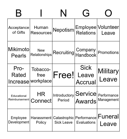 New Hire Orientation Bingo Card