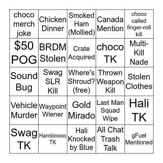 Twitch Rivals Bingo Card