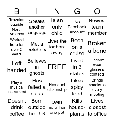 Get to Know Your Coworkers Bingo Card