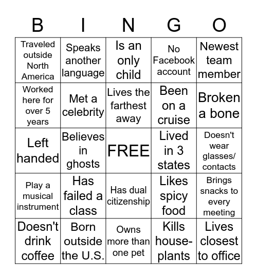 Get to Know Your Coworkers Bingo Card