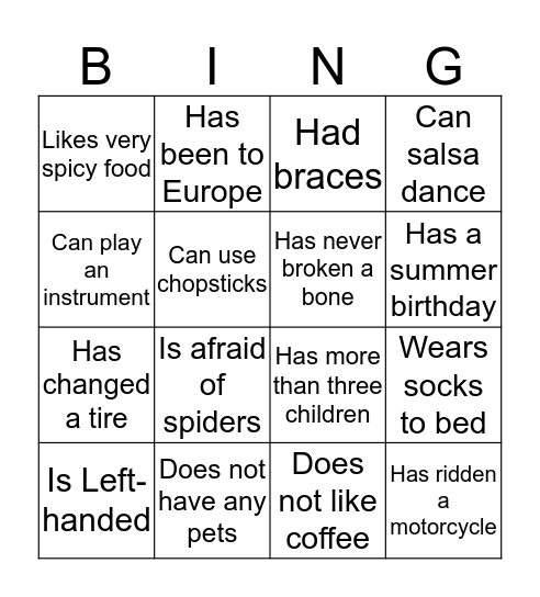Get To Know You Bingo Card