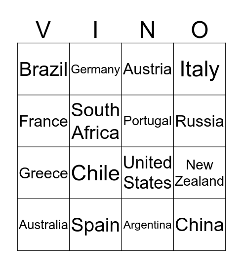 Wine Around the World Bingo Card