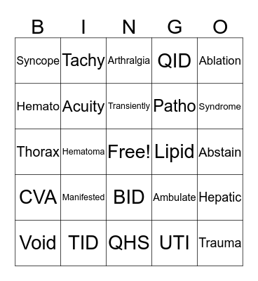 Medical LIngo Bingo  Bingo Card