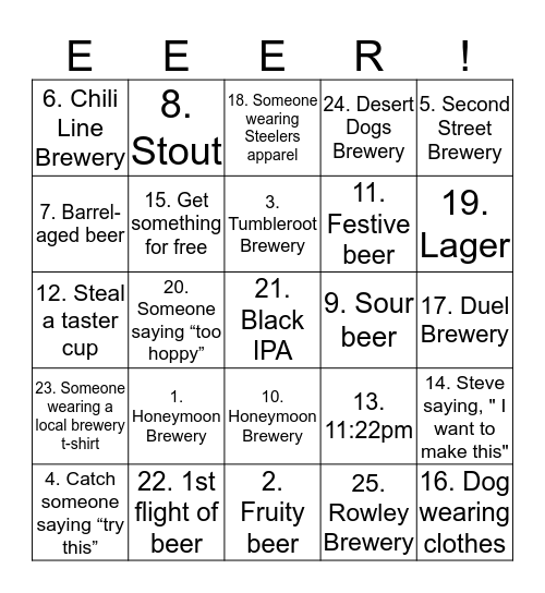 Birthday Brewery Beer BINGO Card