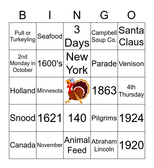 Thanksgiving Trivia Bingo Card