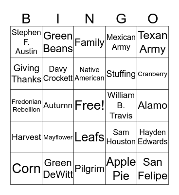 Texas History Thanksgiving Bingo Card