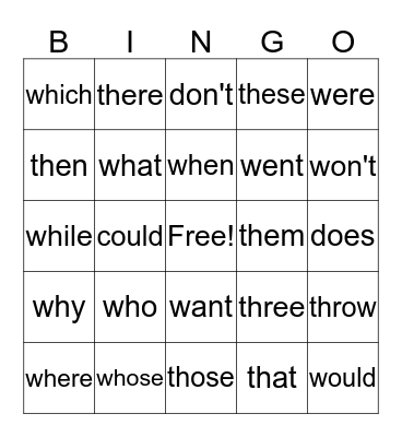 Sight words Bingo Card