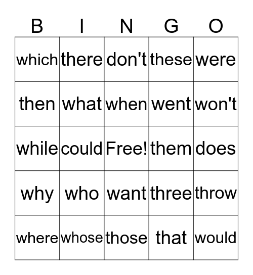 Sight words Bingo Card